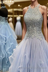 A-Line/Princess Halter Floor-Length Tulle Semi Formal Prom Dresses With Appliques Lace